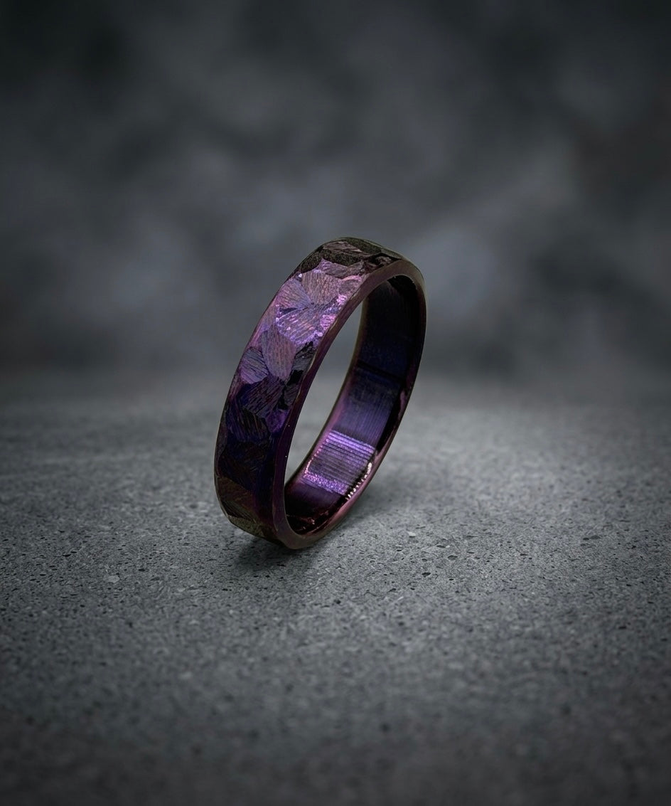 Purple Titanium Wedding Band — Hammered Texture