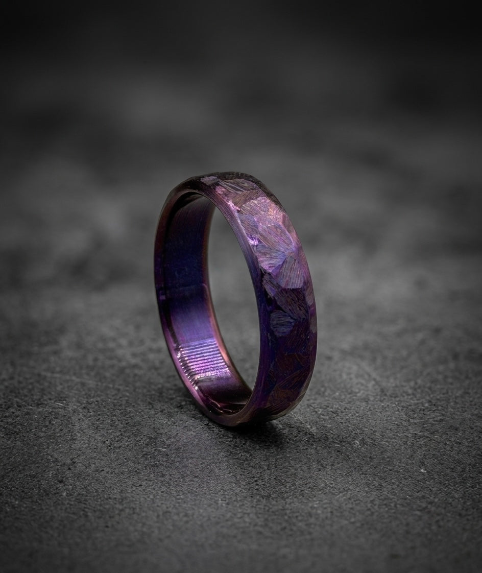 Purple Titanium Wedding Band — Hammered Texture
