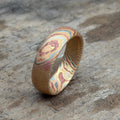 Mokume gane wedding band side view, unique layered copper brass pattern