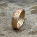 Mokume gane copper brass silver ring front view, hand-forged wedding band