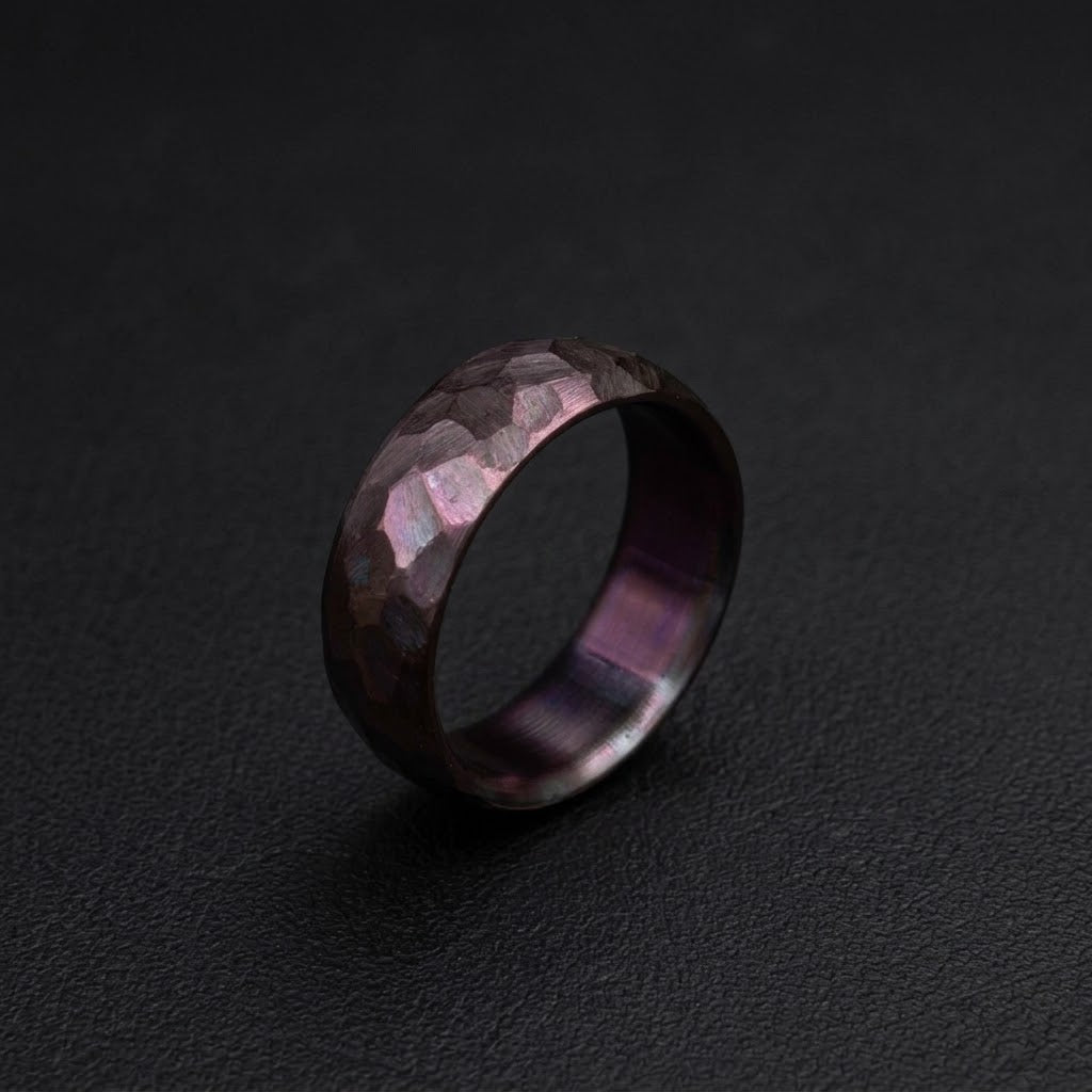 Domed Shape Purple Titanium Wedding Band — Hammered Texture