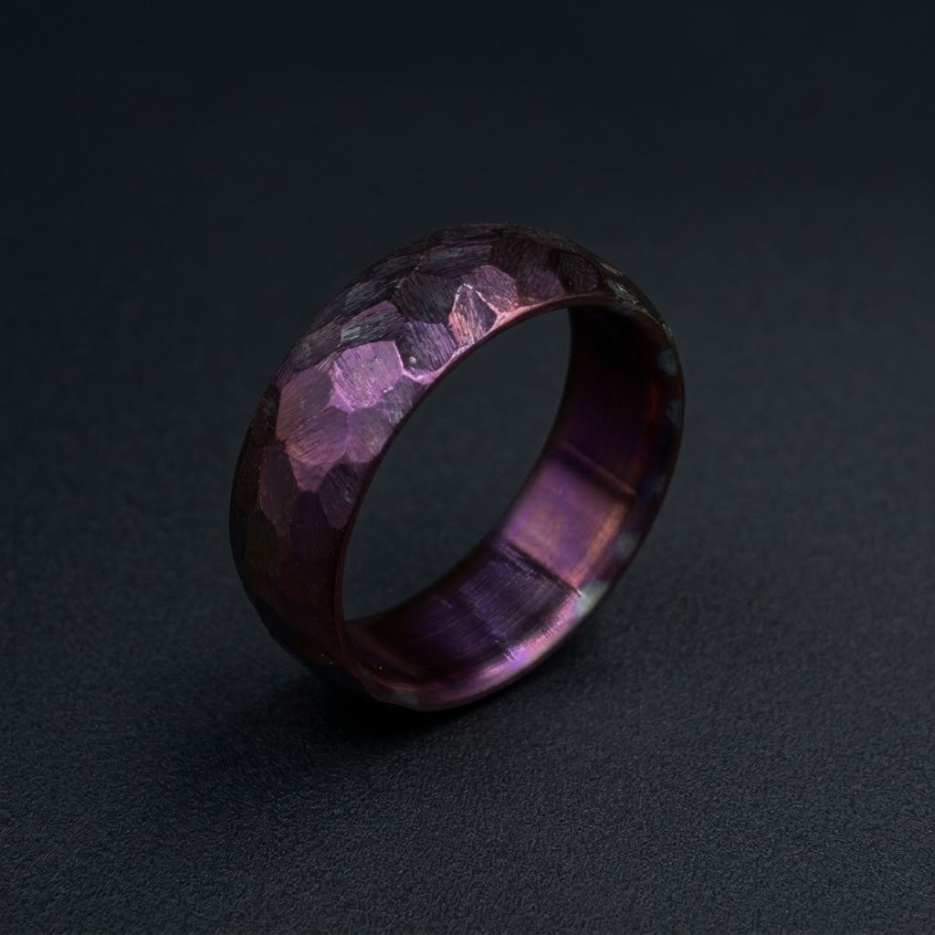 Domed Shape Purple Titanium Wedding Band — Hammered Texture