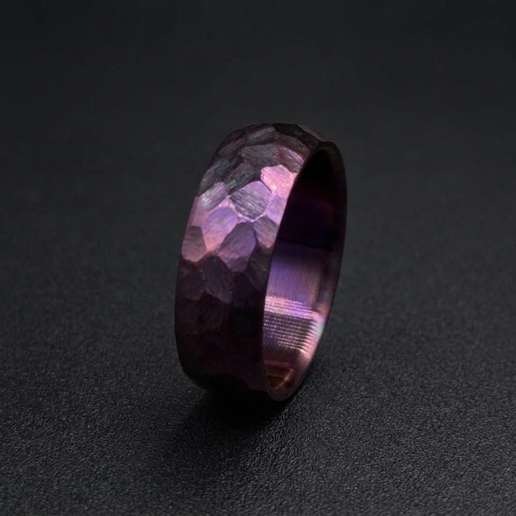 Domed Shape Purple Titanium Wedding Band — Hammered Texture