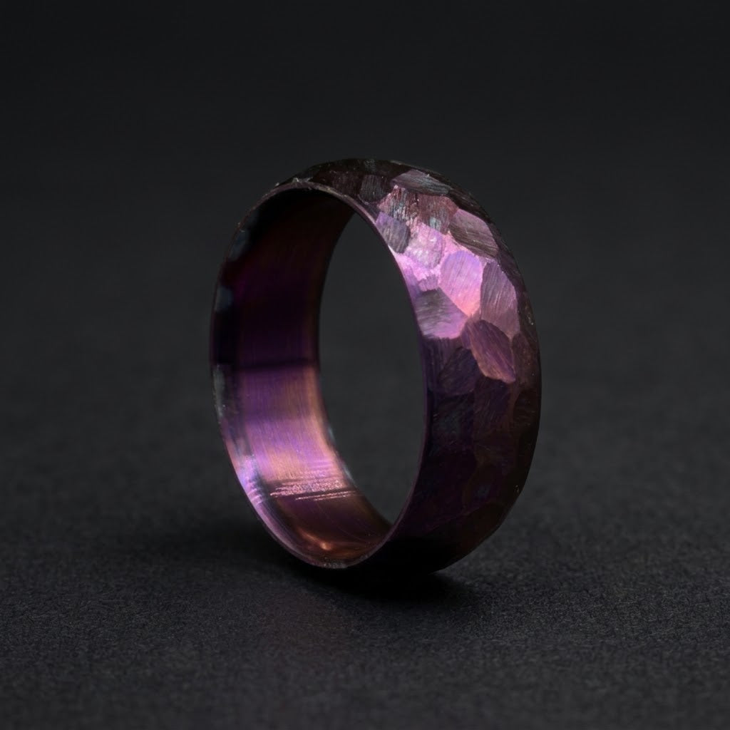 Domed Shape Purple Titanium Wedding Band — Hammered Texture
