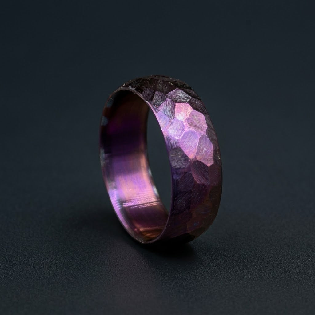 Domed Shape Purple Titanium Wedding Band — Hammered Texture