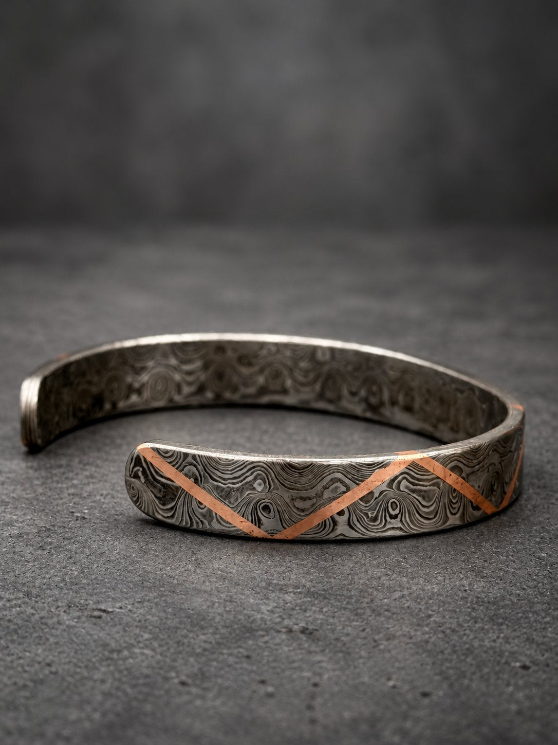 Damascus Steel Cuff Bracelet with Copper Zigzag Inlay — Viking Bangle, view 3