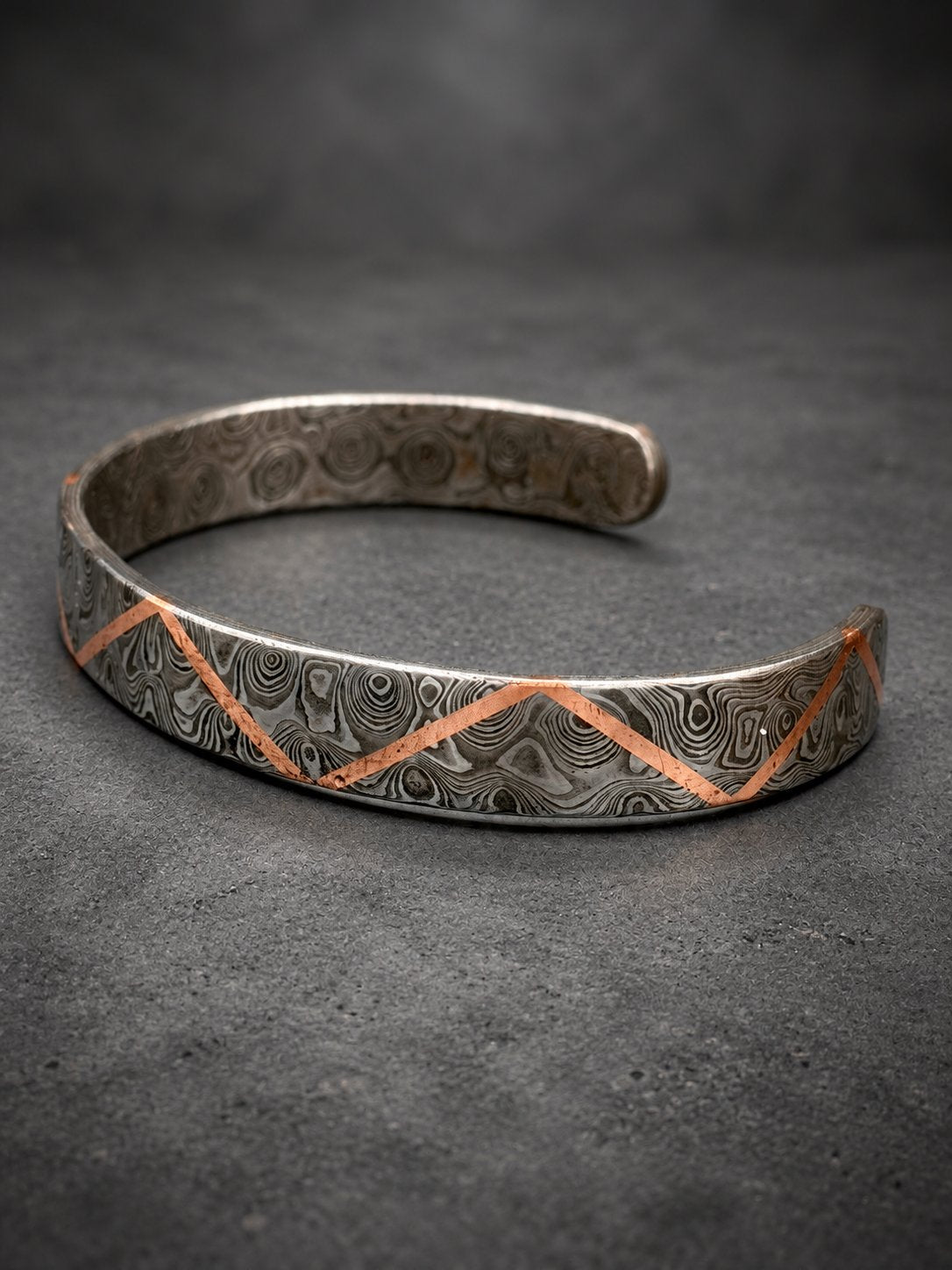 Damascus Steel Cuff Bracelet with Copper Zigzag Inlay — Viking Bangle, view 5