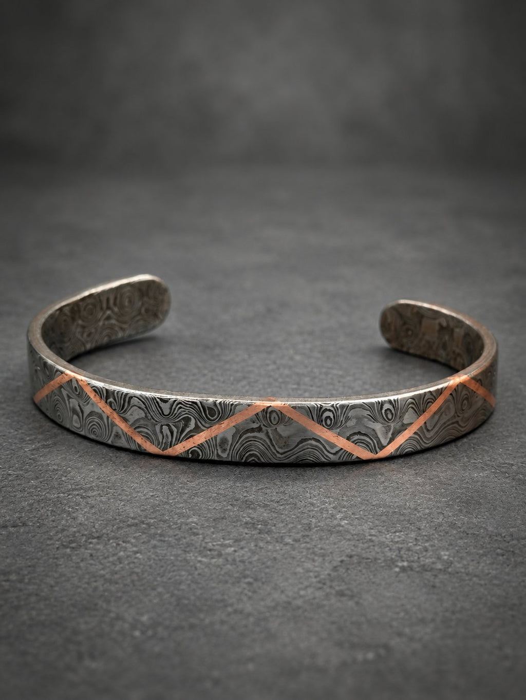 Damascus Steel Cuff Bracelet with Copper Zigzag Inlay — Viking Bangle, view 6