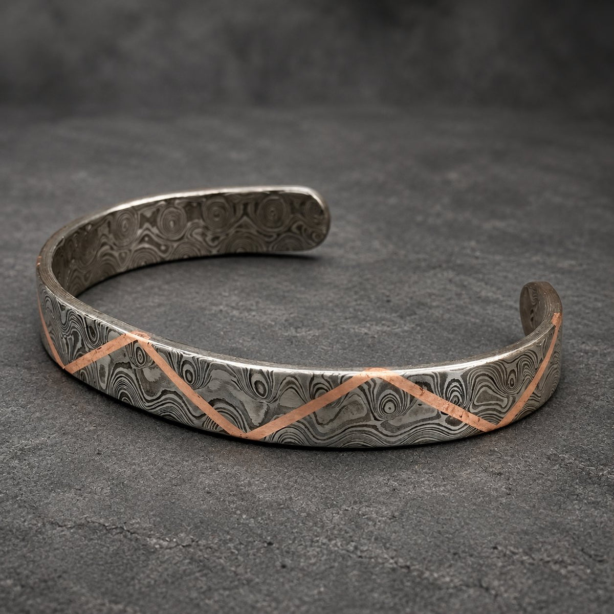Damascus Steel Cuff Bracelet with Copper Zigzag Inlay — Viking Bangle
