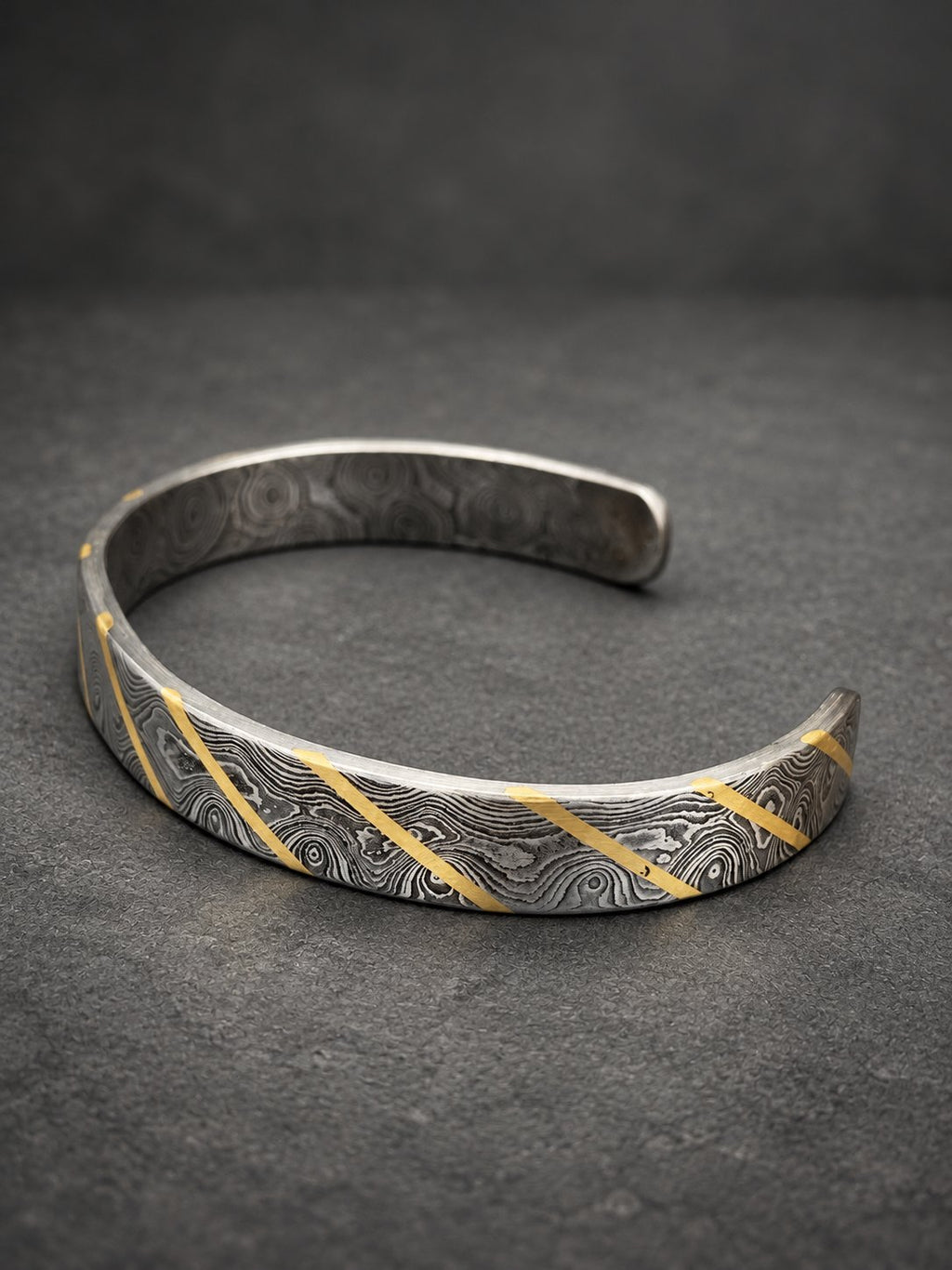 Damascus Steel Cuff Bracelet with Brass Line — Viking Bangle, view 2