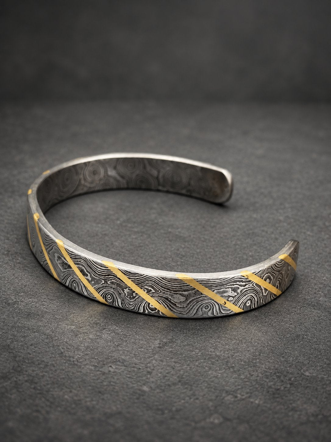 Damascus Steel Cuff Bracelet with Brass Line — Viking Bangle, view 2