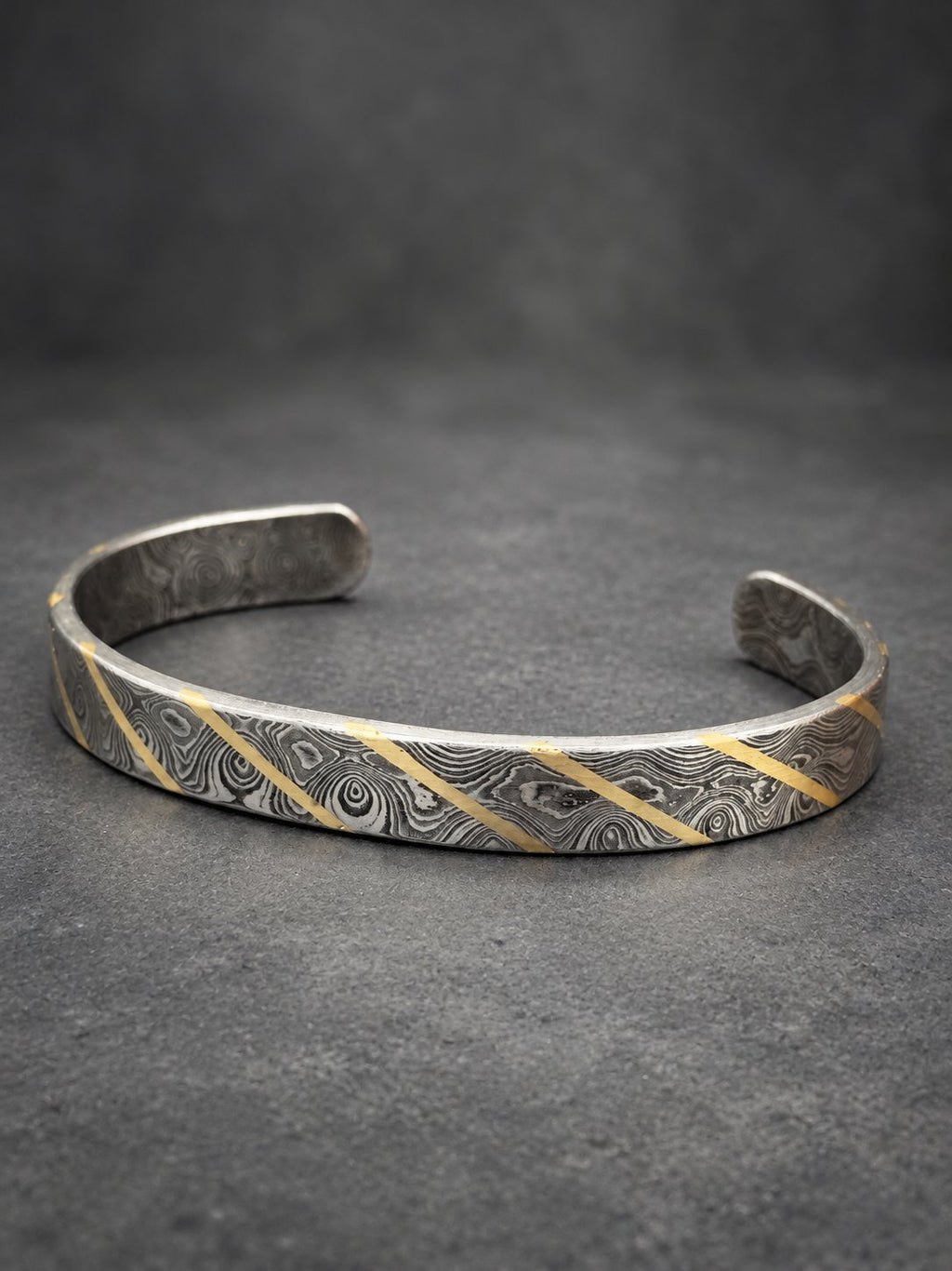 Damascus Steel Cuff Bracelet with Brass Line — Viking Bangle