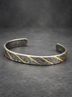 Damascus Steel Cuff Bracelet with Brass Line — Viking Bangle
