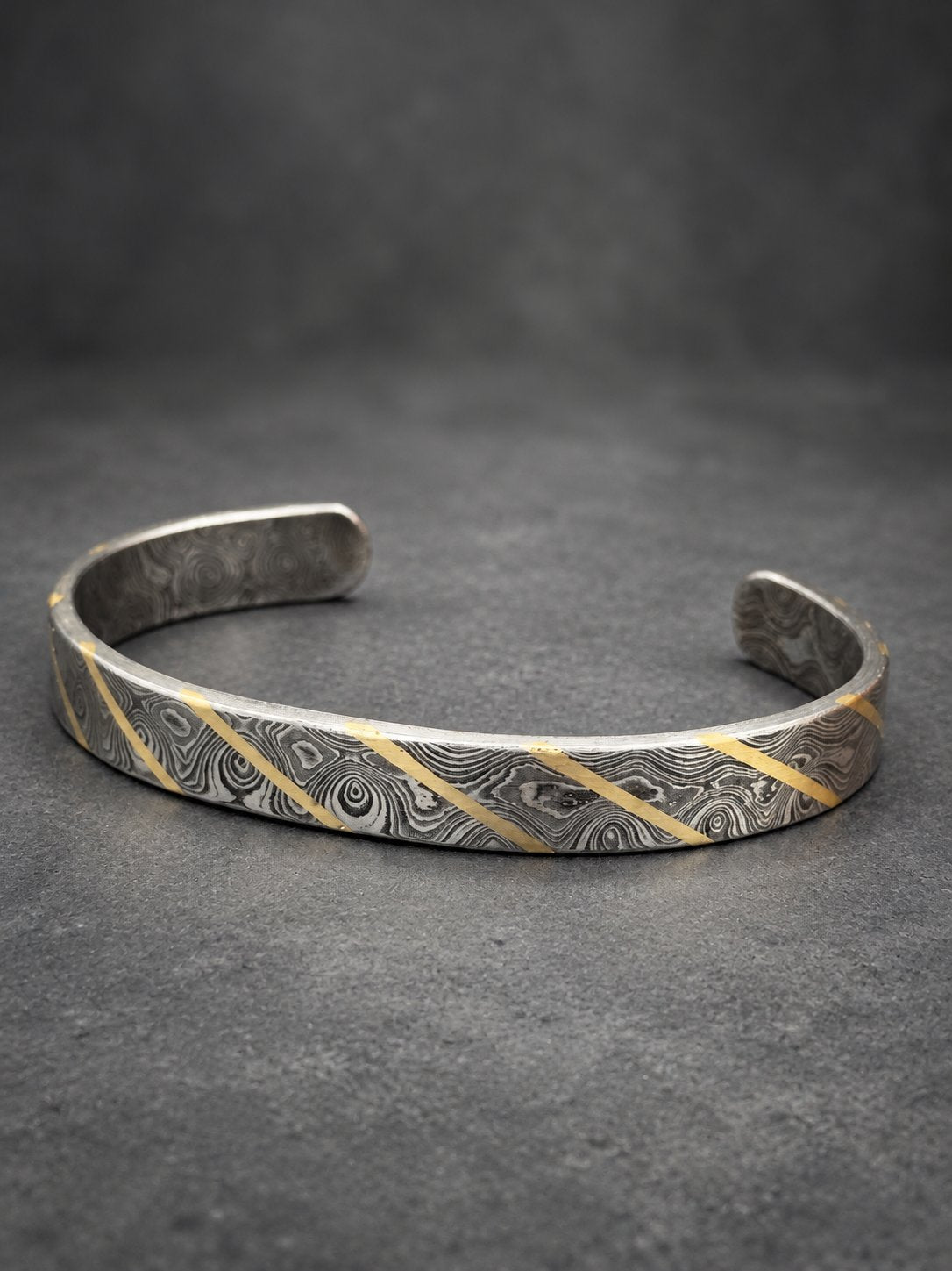 Damascus Steel Cuff Bracelet with Brass Line — Viking Bangle