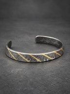 Damascus Steel Cuff Bracelet with Brass Line — Viking Bangle, view 3