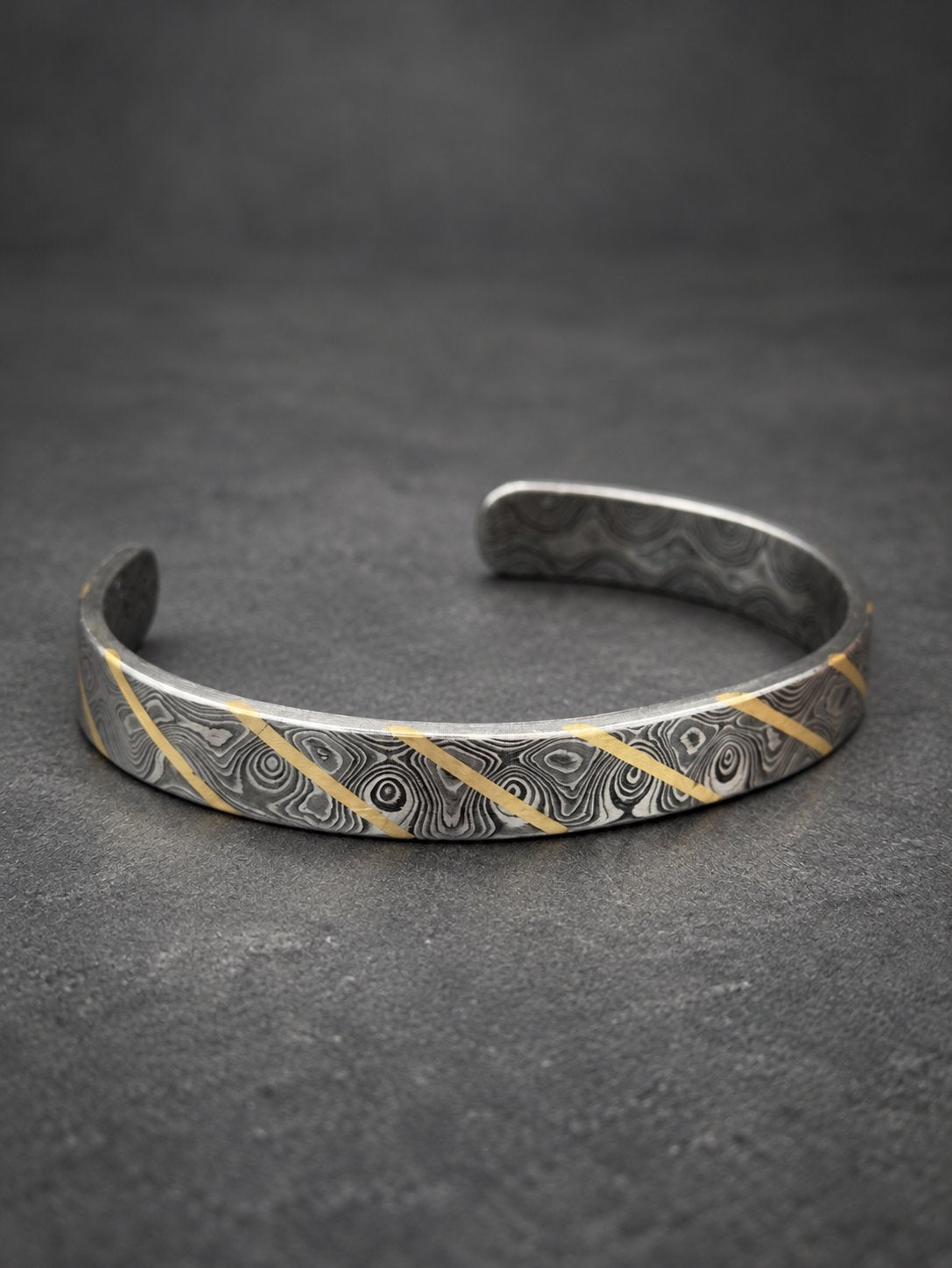 Damascus Steel Cuff Bracelet with Brass Line — Viking Bangle, view 3