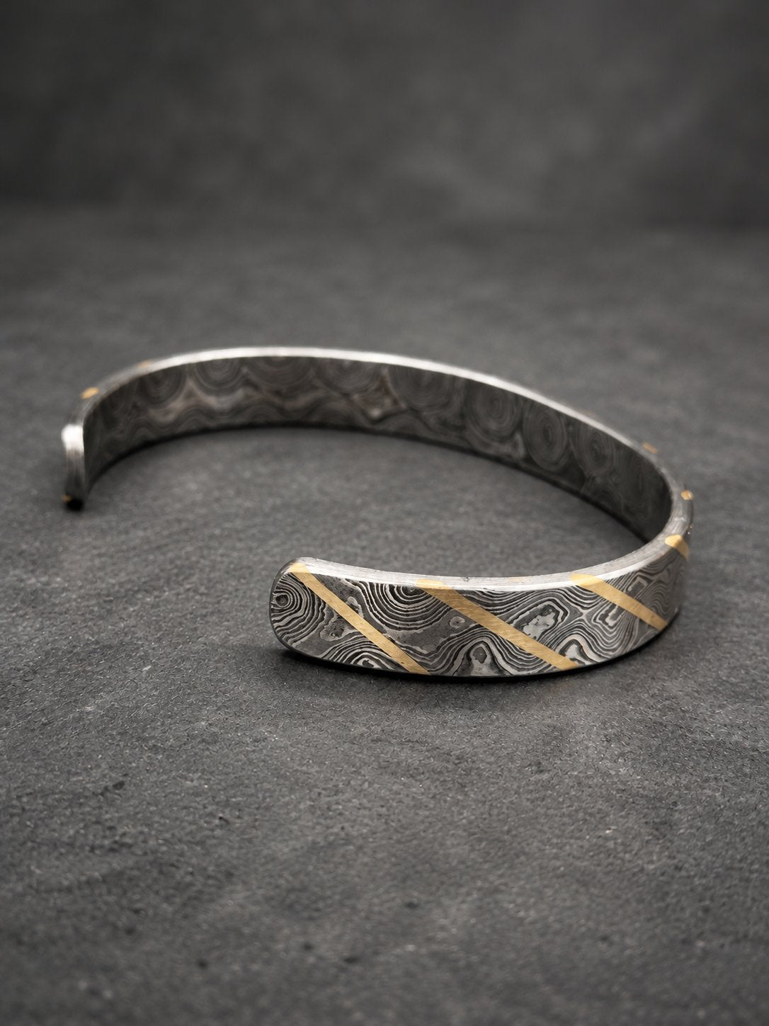 Damascus Steel Cuff Bracelet with Brass Line — Viking Bangle, view 4