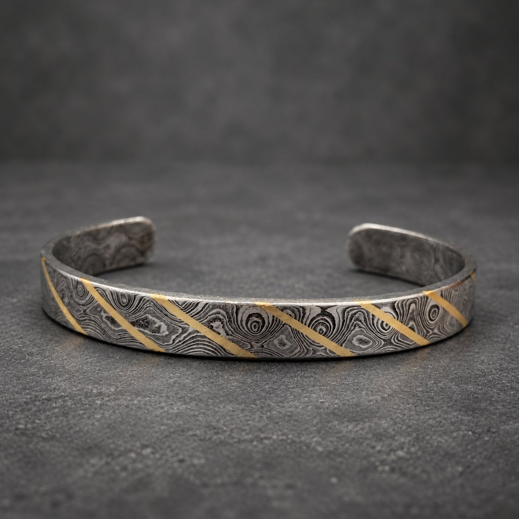 Damascus Steel Cuff Bracelet with Brass Line — Viking Bangle, view 5