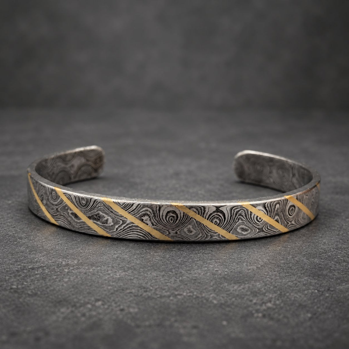Damascus Steel Cuff Bracelet with Brass Line — Viking Bangle, view 5