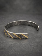Damascus Steel Cuff Bracelet with Brass Line — Viking Bangle, view 6