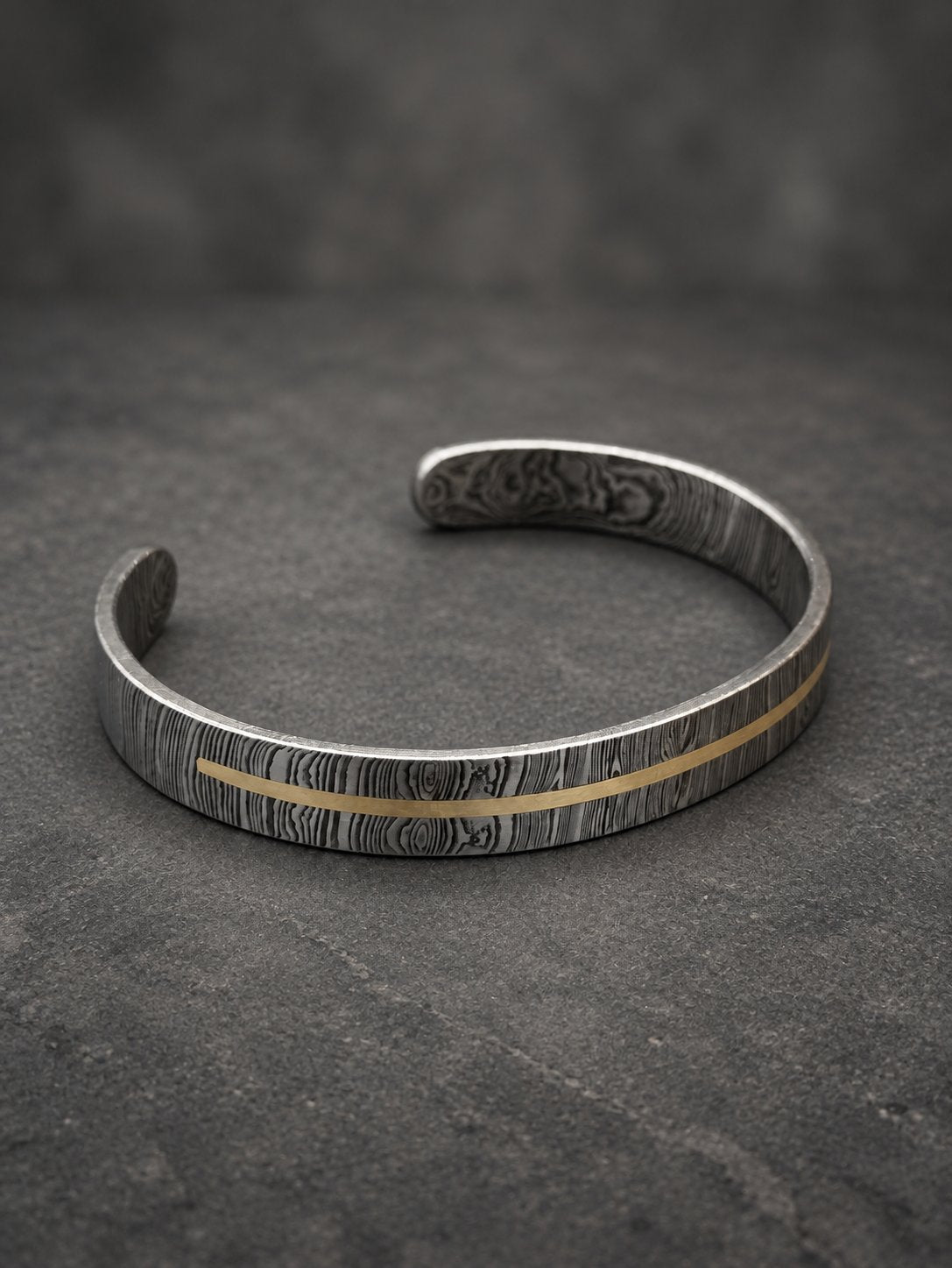 Damascus Steel Cuff Bracelet with Half Brass Line — Viking Bangle, view 2