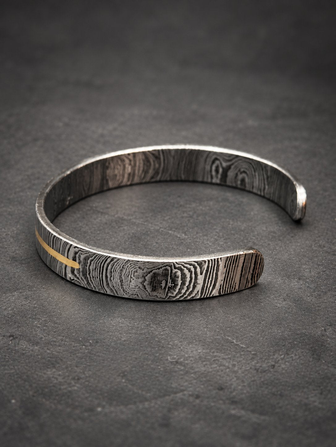 Damascus Steel Cuff Bracelet with Half Brass Line — Viking Bangle, view 3