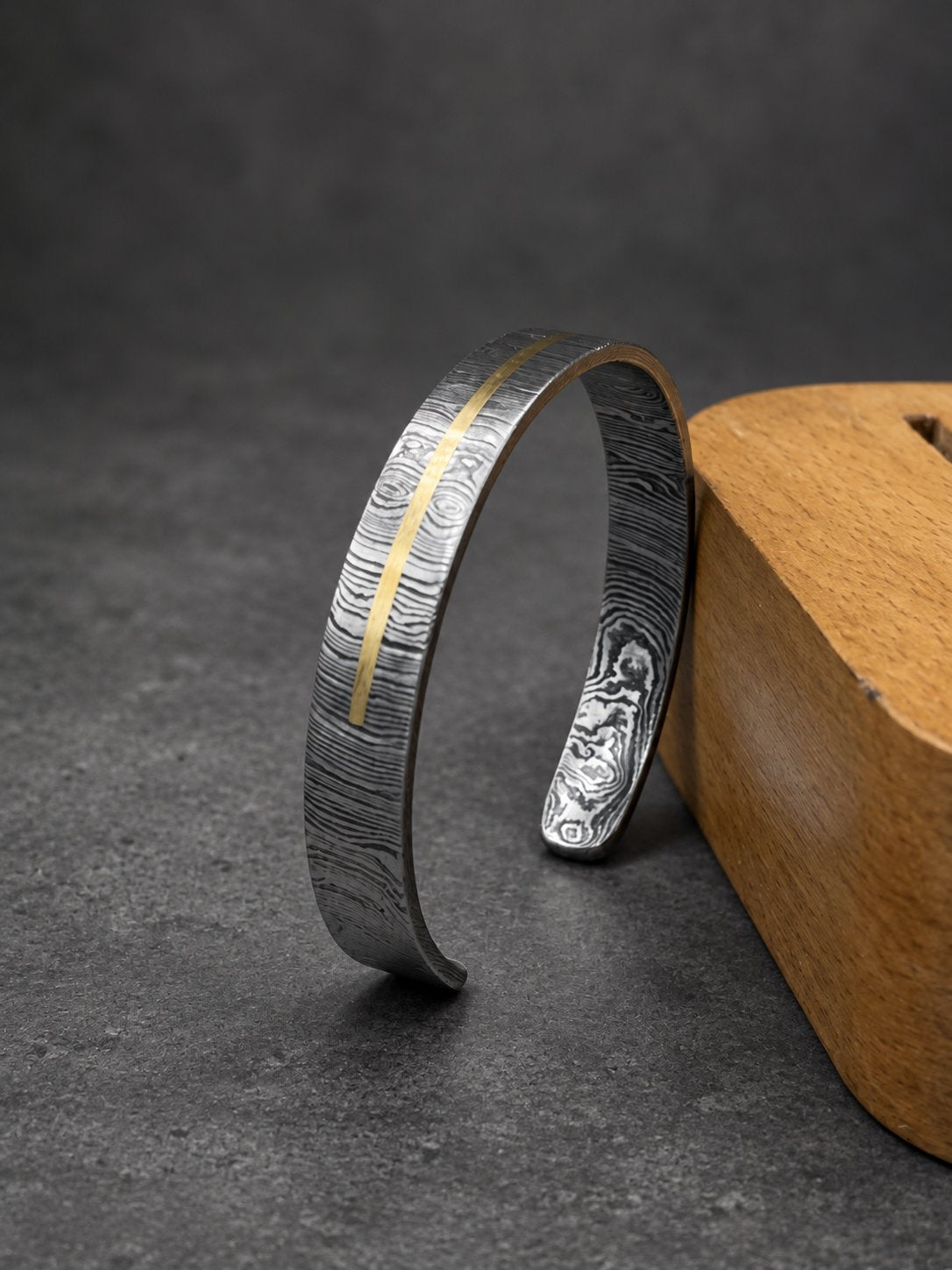 Damascus Steel Cuff Bracelet with Half Brass Line — Viking Bangle, view 4