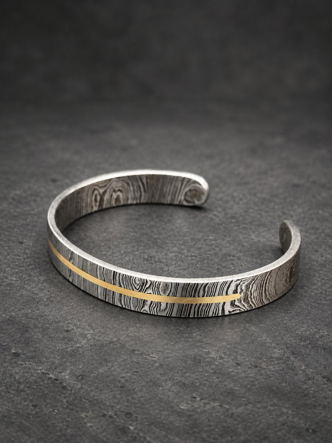Damascus Steel Cuff Bracelet with Half Brass Line — Viking Bangle