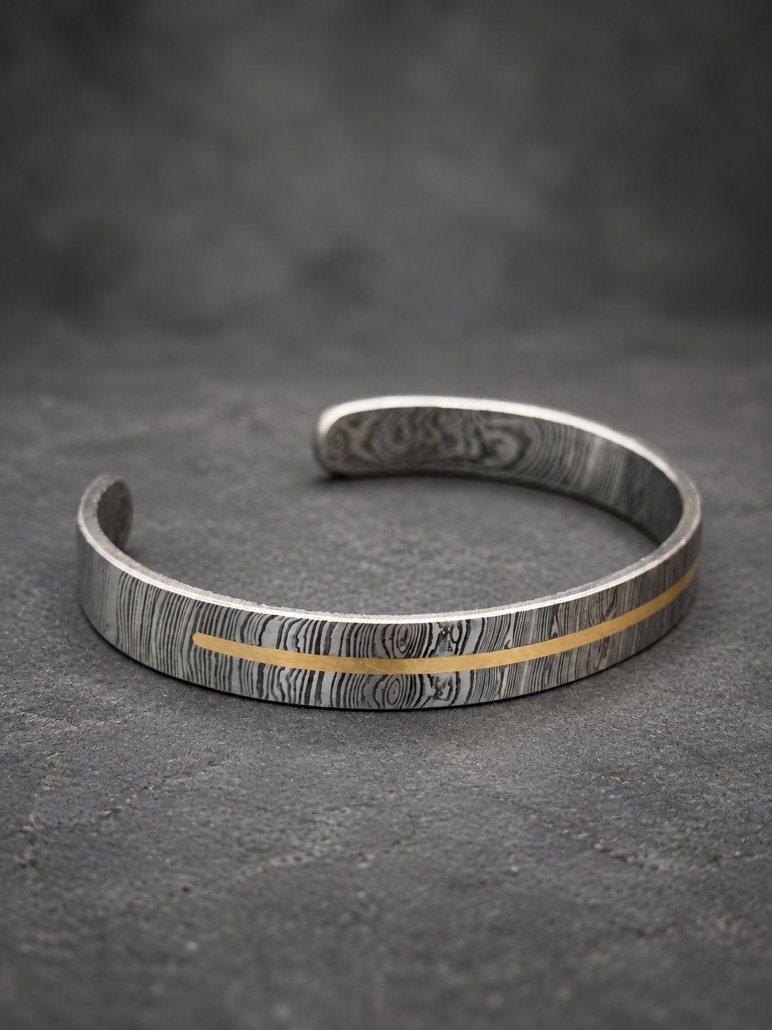 Damascus Steel Cuff Bracelet with Half Brass Line — Viking Bangle, view 5