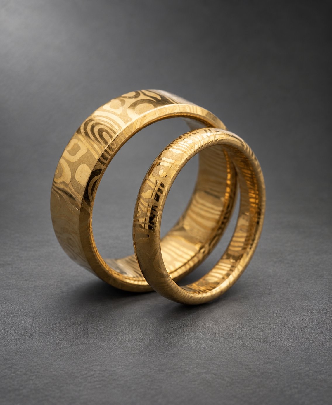 Damascus Stainless Steel Couple Ring Set — 14k Gold Plated Bands, view 2