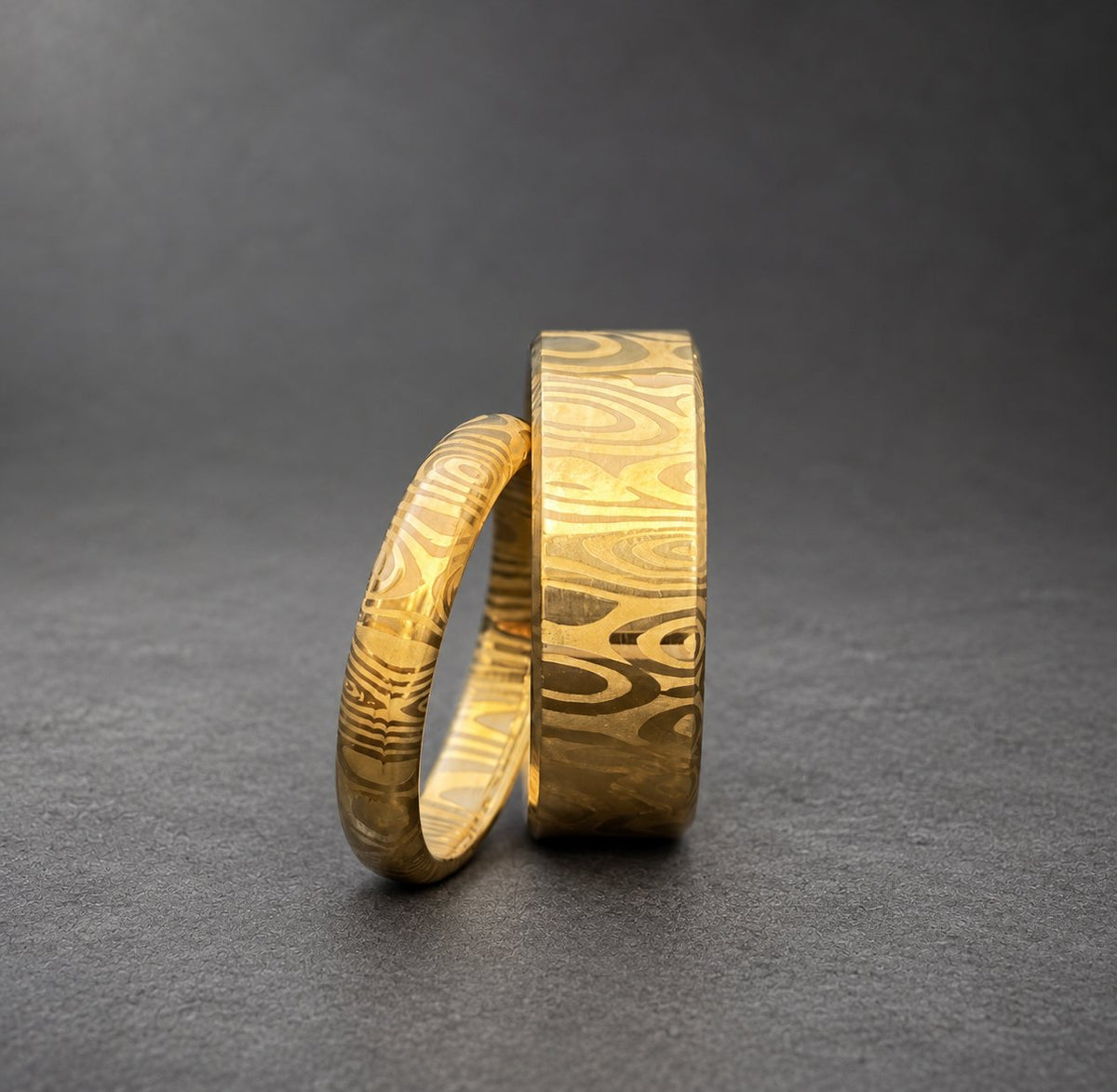 Damascus Stainless Steel Couple Ring Set — 14k Gold Plated Bands, view 3
