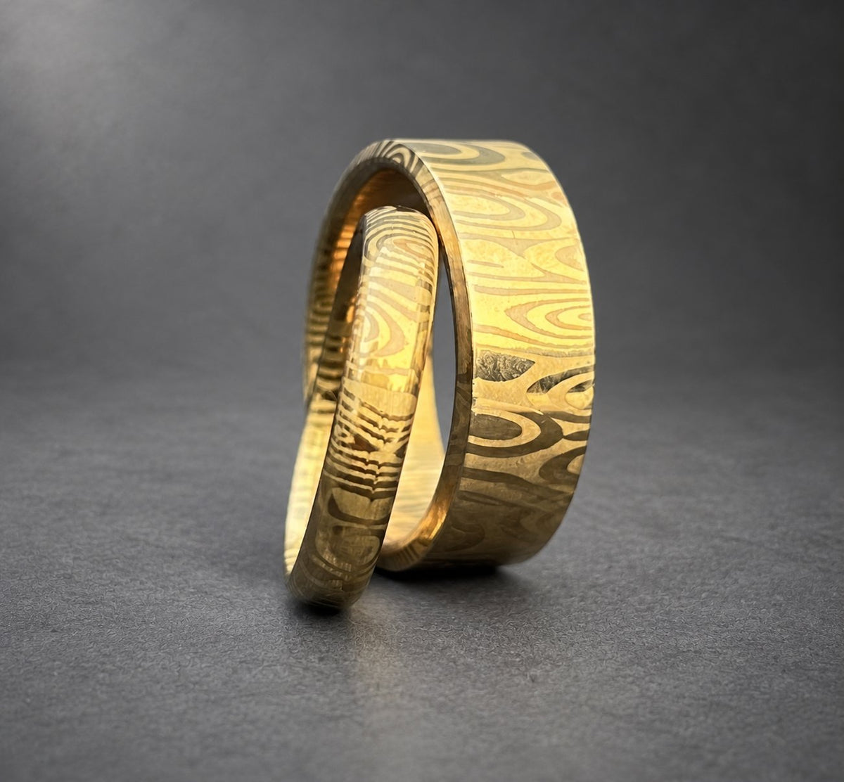 Damascus Stainless Steel Couple Ring Set — 14k Gold Plated Bands, view 4