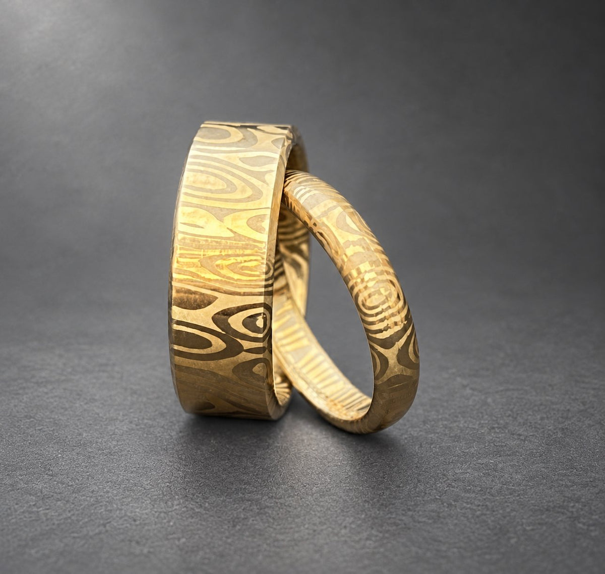 Damascus Stainless Steel Couple Ring Set — 14k Gold Plated Bands, view 5
