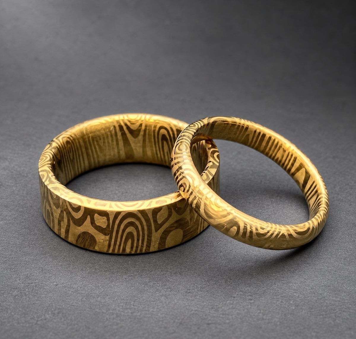 Damascus Stainless Steel Couple Ring Set — 14k Gold Plated Bands