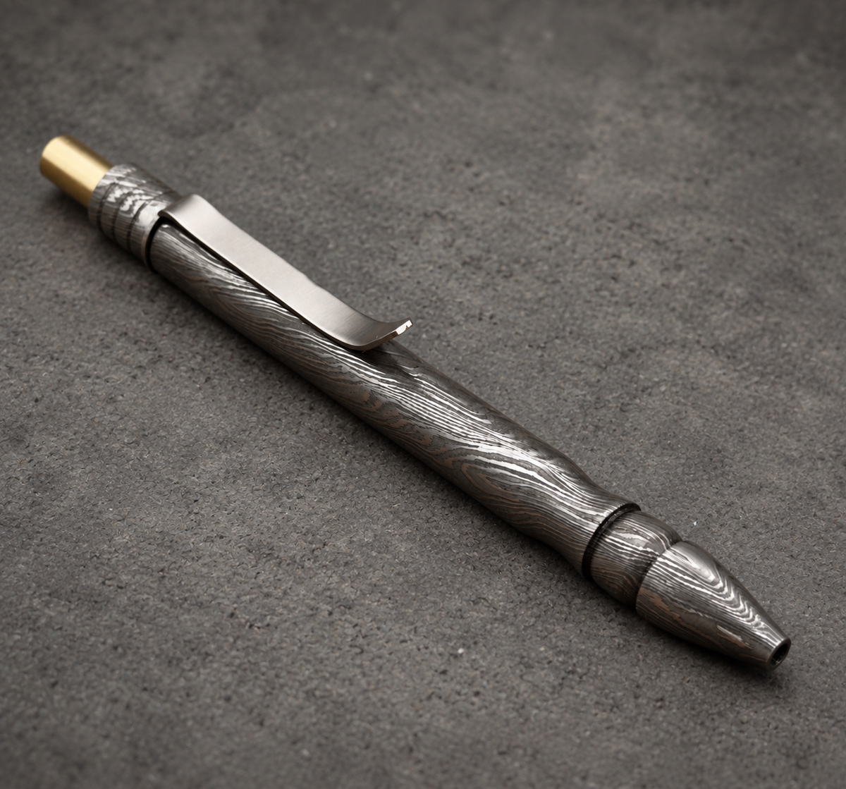 Damascus Steel Ballpoint Pen, Grooved — Brass Tipped, view 4