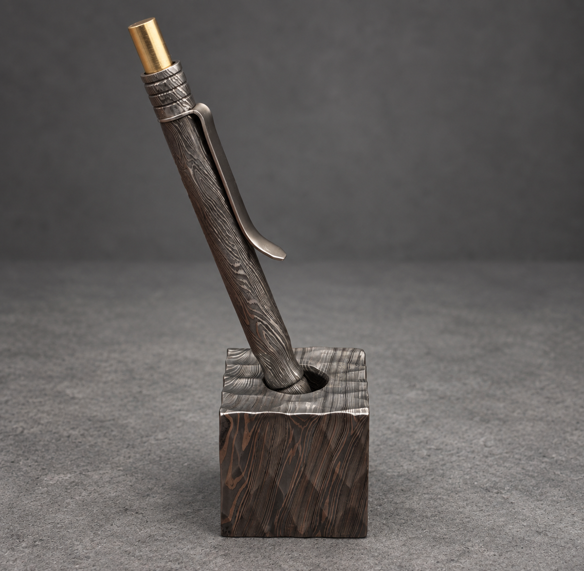 Damascus Steel Ballpoint Pen, Grooved — Brass Tipped, view 5