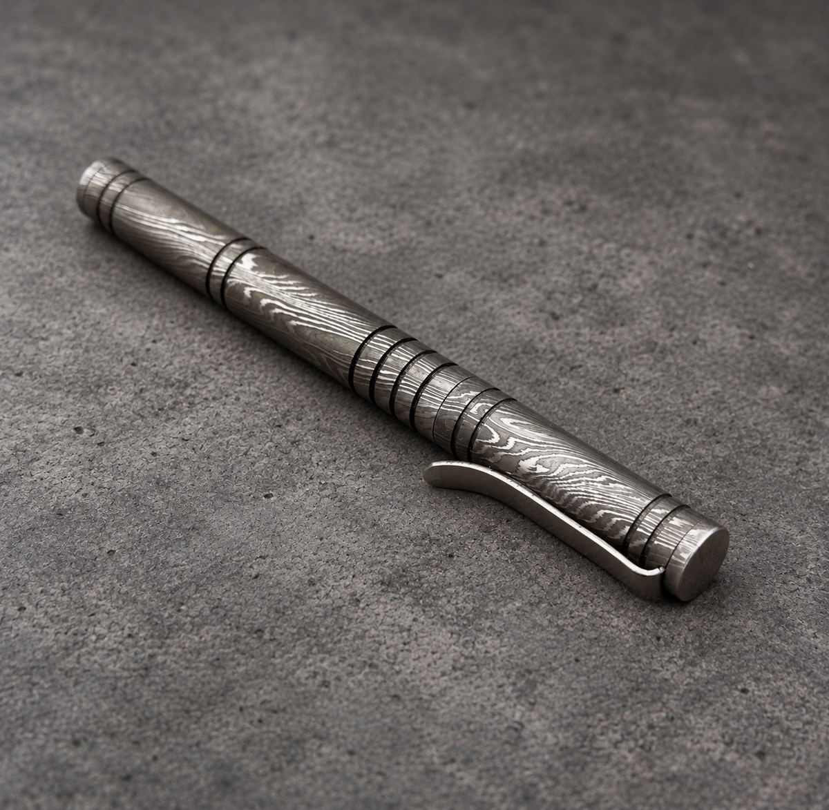 Damascus Steel Ballpoint Pen with Leather Holder — Grooved Grip, view 5