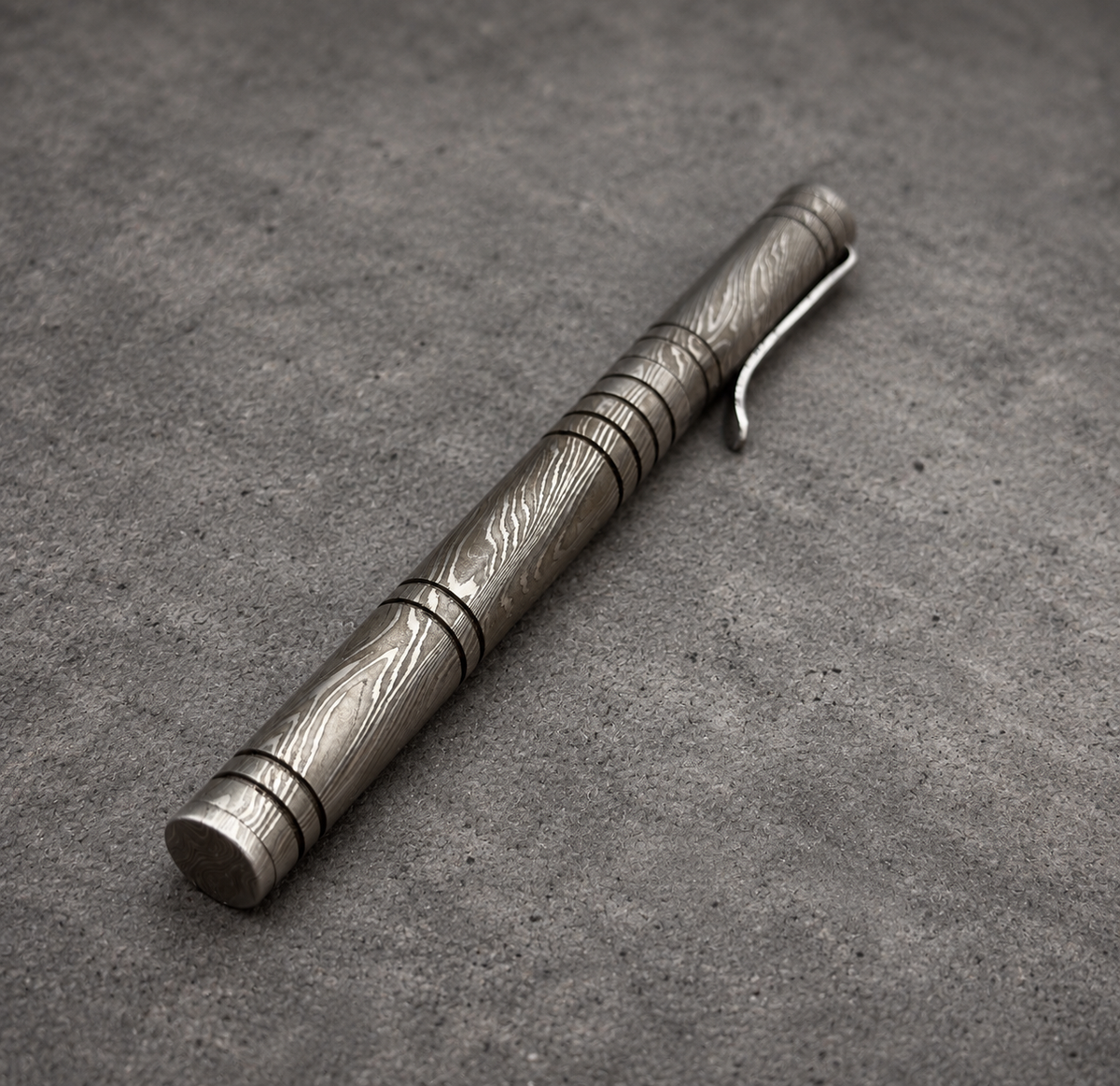 Damascus Steel Ballpoint Pen with Leather Holder — Grooved Grip, view 2