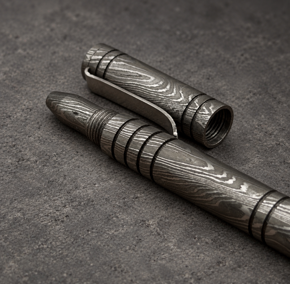 Damascus Steel Ballpoint Pen with Leather Holder — Grooved Grip, view 3