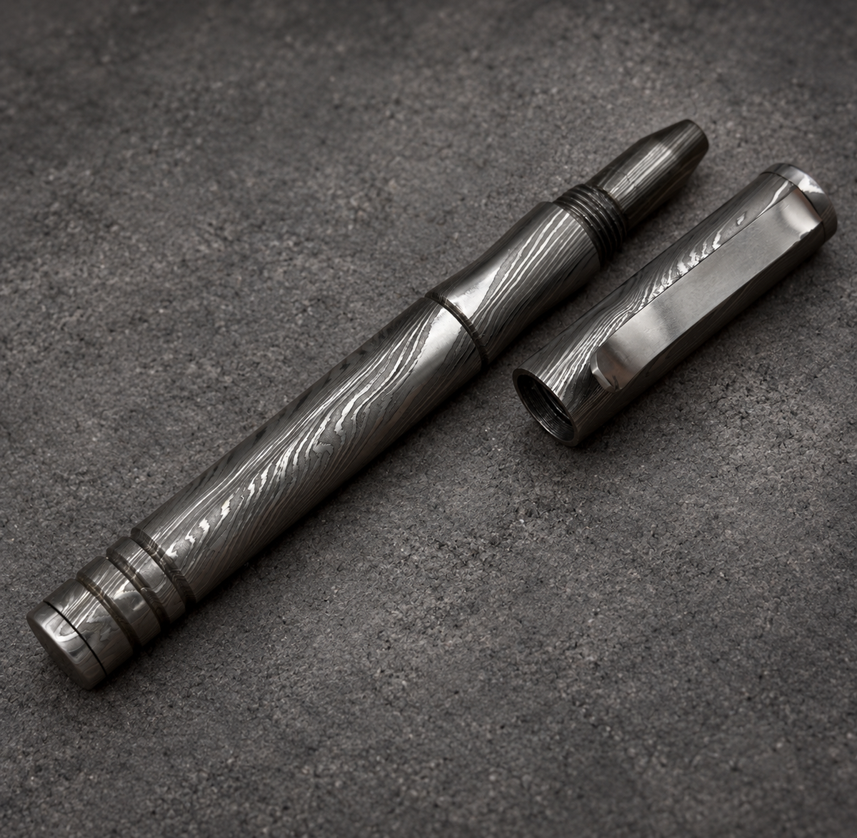 Damascus Steel Ballpoint Pen with Leather Holder — Grooved Grip, view 4