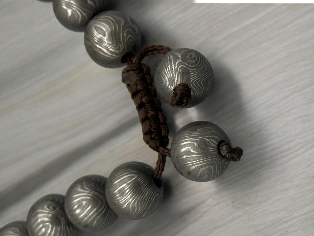 Damascus Steel Beaded Bracelet, Adjustable Viking Cuff, 12 mm Beads