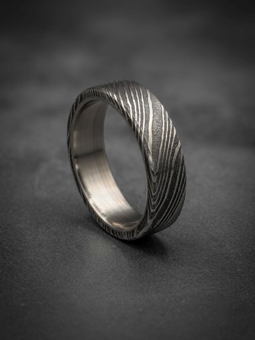 Damascus Steel Wedding Band — Titanium Inner Sleeve, view 2