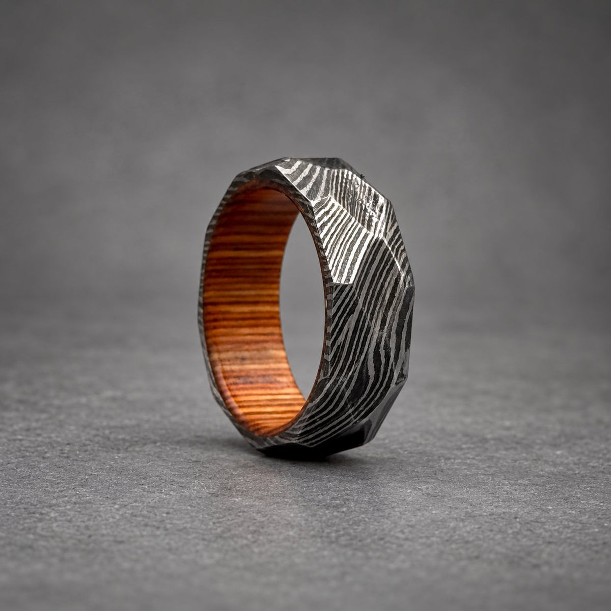 Damascus Steel Wedding Band — Hammered Whiskey Barrel Wood Sleeve, view 9