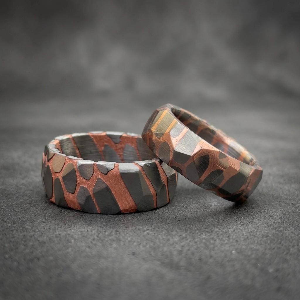 Faceted Superconductor His & Hers Ring Set — Copper Niobium Honeycomb