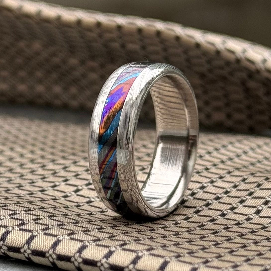 Damasteel and Timascus Wedding Band — Titanium Inlay