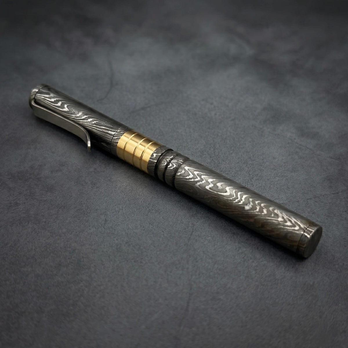 Damascus Steel Ballpoint Pen with Brass Banded Grip