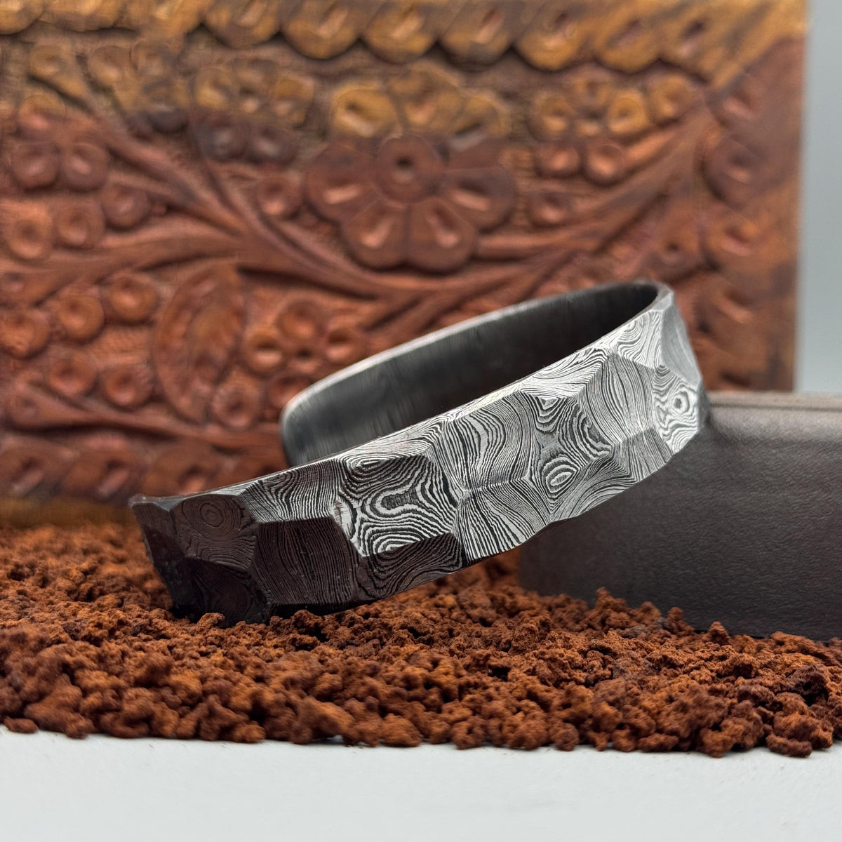 Damascus Steel Cuff Bracelet — Hammered Viking Bangle