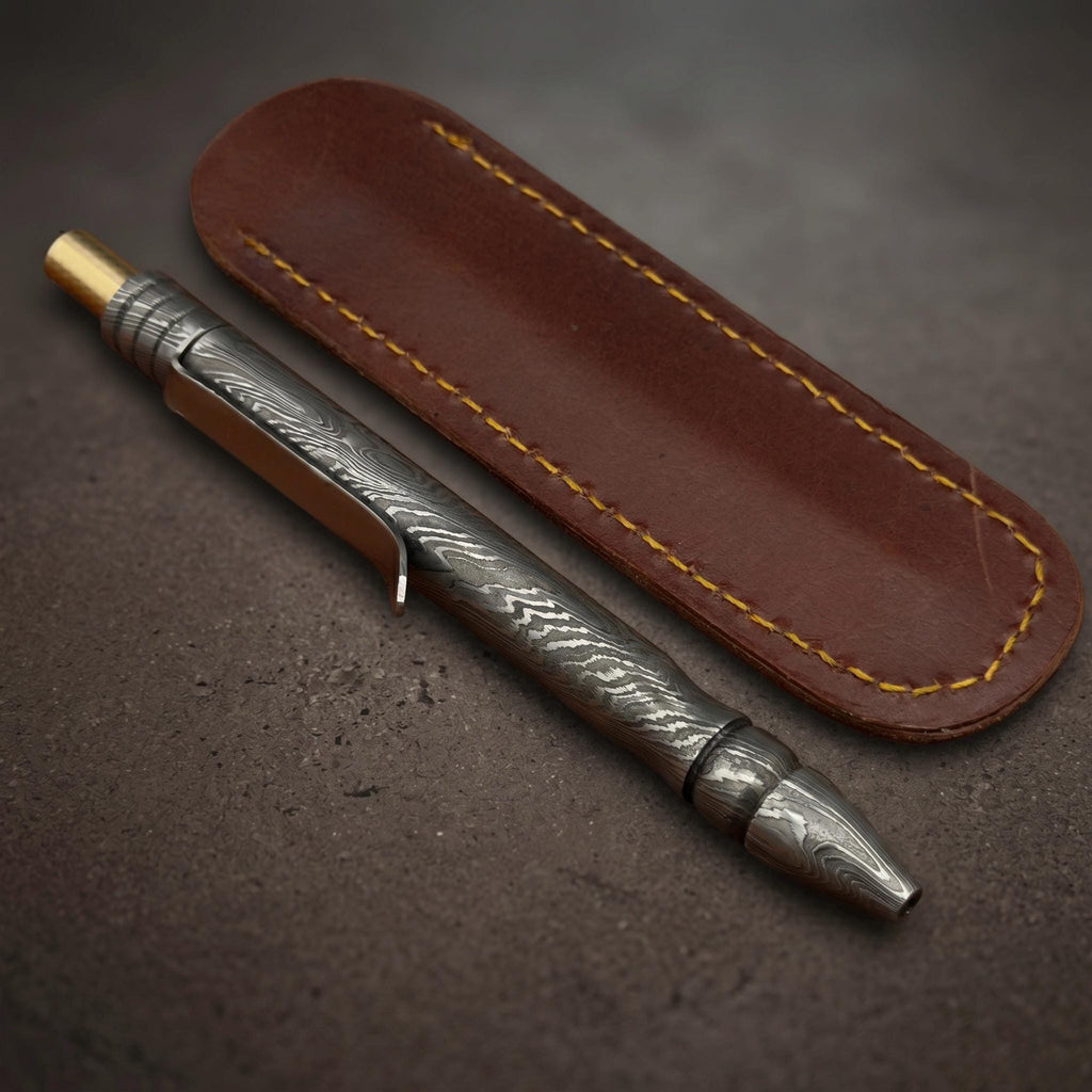 Damascus Steel Ballpoint Pen, Grooved — Brass Tipped