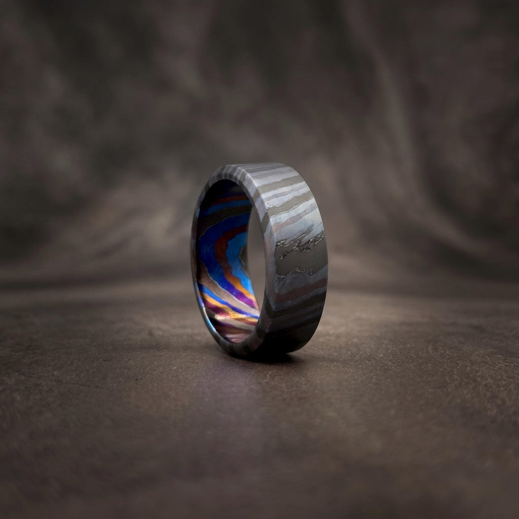 Zircoti Wedding Band — Black Chamfered Mokuti Ring