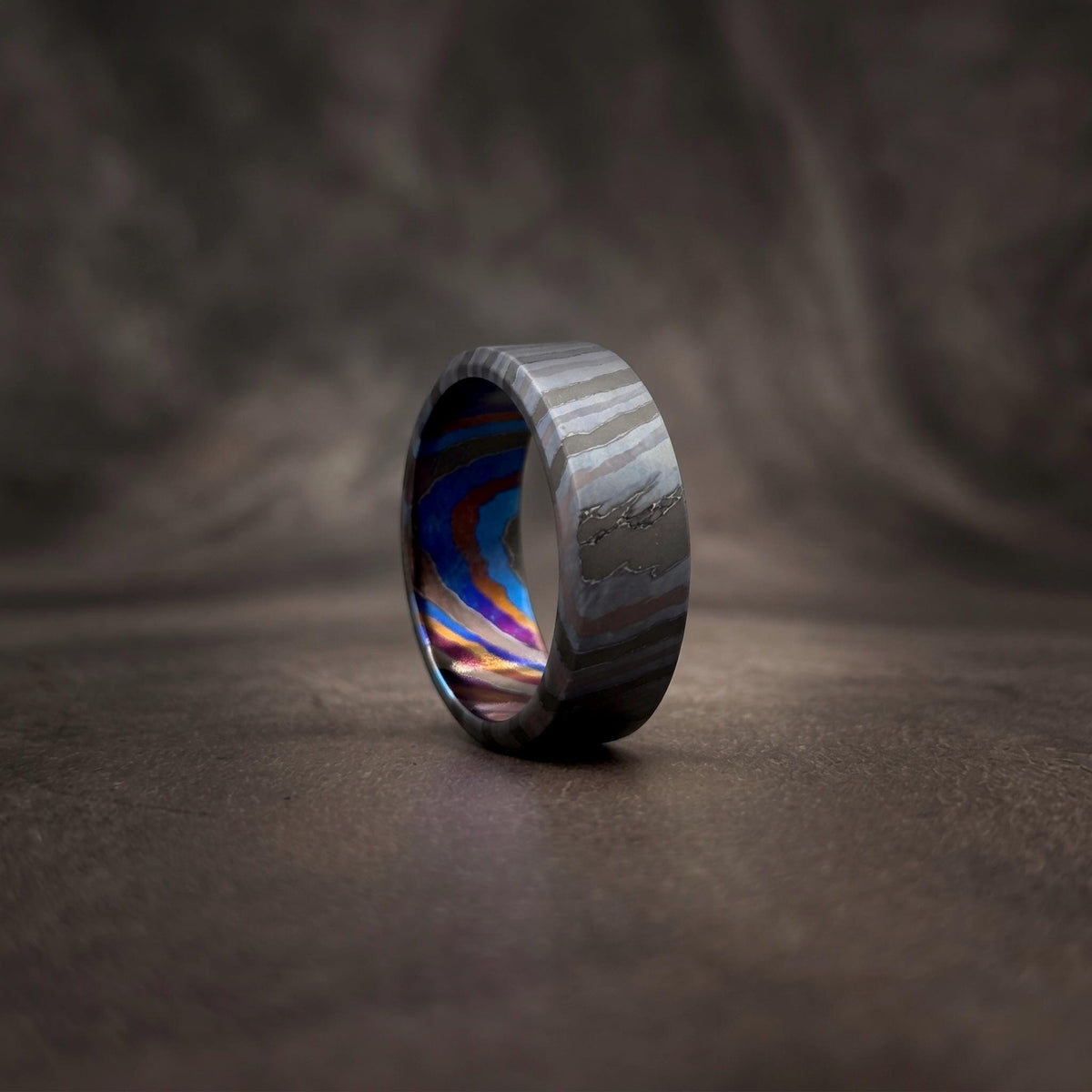 Zircoti Wedding Band — Black Chamfered Mokuti Ring